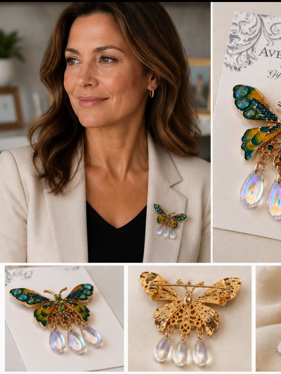 N/A Jewelry - Gold-Tone Butterfly Brooch with Green Enamel and Iridescent Drops